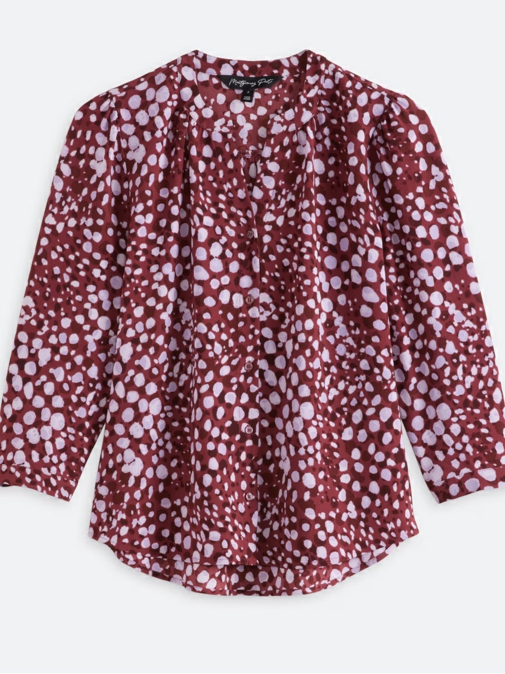 Montgomery Post Burgundy Printed Split Neck Blouse Size Medium Career Office Top